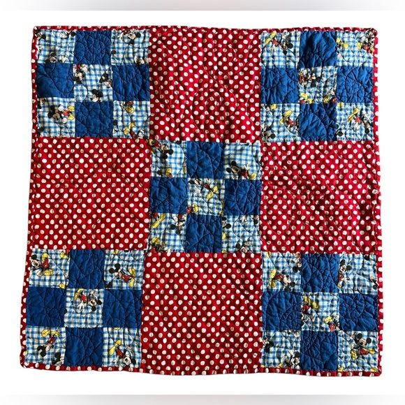 Handmade Other - Mickey Mouse Handmade Patchwork Square Baby Quilt Nursery Blue Red Polka Dot 29”